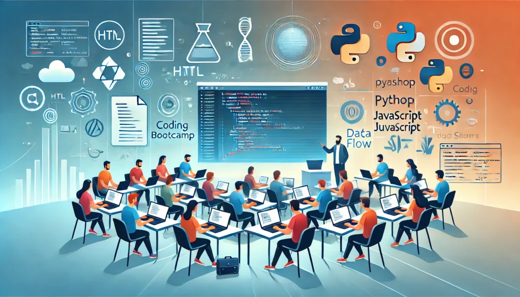 Illustration of a coding bootcamp environment with students learning hands-on coding skills, guided by an instructor, highlighting tech career preparation.